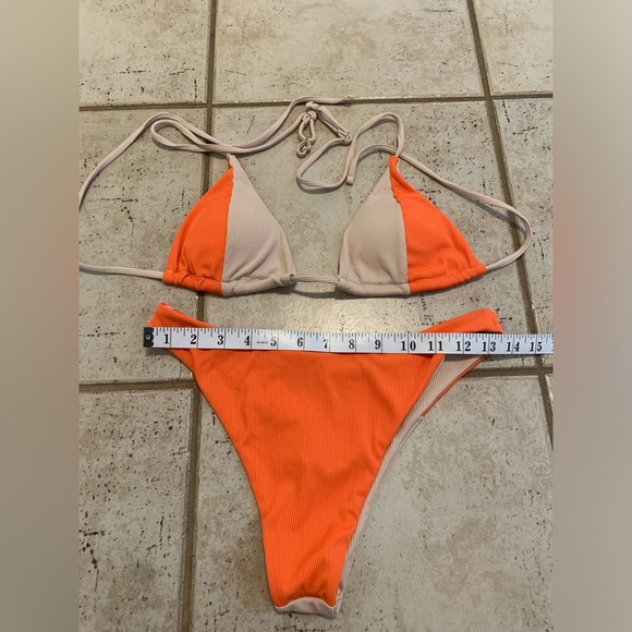 💛 Zaful Ribbed Orange and Tan Color-Block Bikini Set - Size Small - Picture 7 of 8